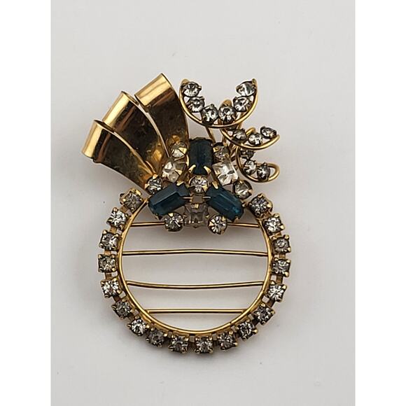 Vintage 1/20 12K GF MES Rhinestone Brooch Pendant Blue Clear Art Deco Style - Picture 1 of 9